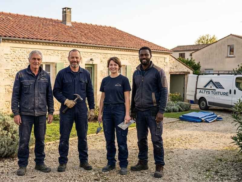 L’équipe d’Altys Toiture Soulac-sur-Mer devant son fourgon, outils à la main, après une intervention sur le littoral médocain